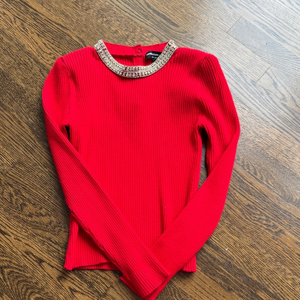 Generation Love Red Ribbed Long-Sleeve Top with Embellished Collar